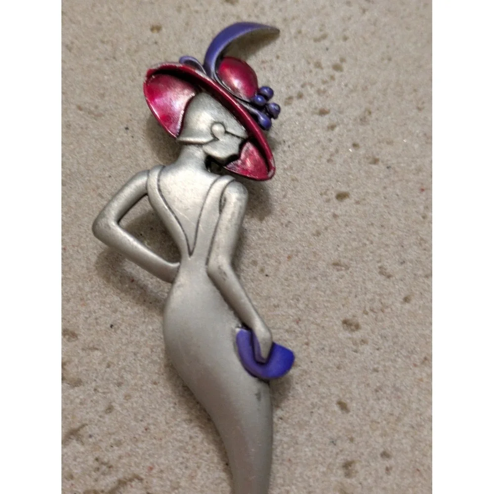 Vintage JJ Brooch Red Hat Woman Lady Silver Tone Large 3 Inches Pewter